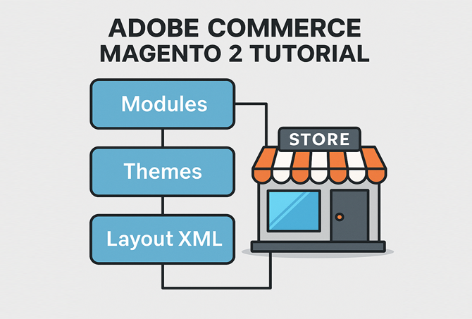 Adobe Commerce Magento 2 tutorial architecture diagram with modules, themes, layout XML and storefront
