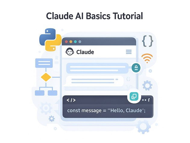 Claude AI basics tutorial hero graphic with Claude chat window, code snippet and flowchart icons