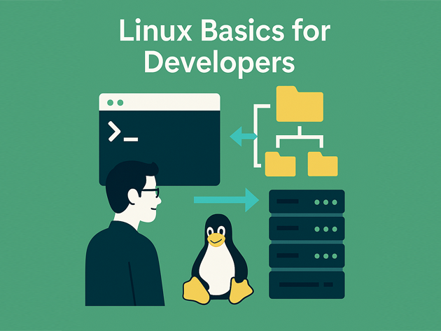Linux basics for developers infographic with terminal, file system tree, Tux mascot and server icons