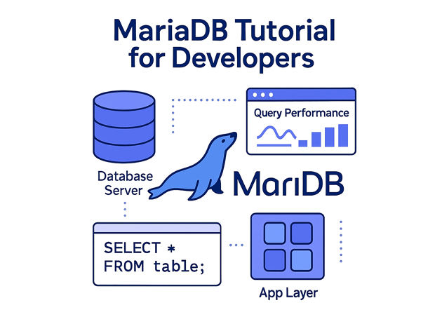MariaDB tutorial for developers infographic with database icon, SQL query window and performance chart