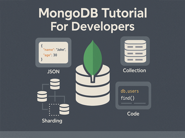 MongoDB basics tutorial hero graphic with document icon, cluster nodes and query window