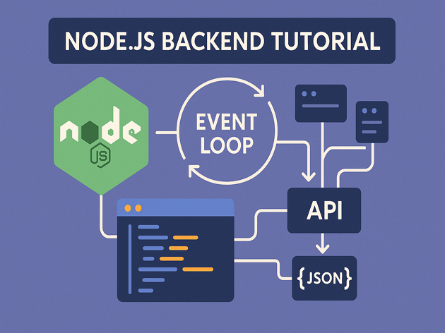 Node.js backend basics tutorial hero graphic with Node.js logo, API route diagram and database icon
