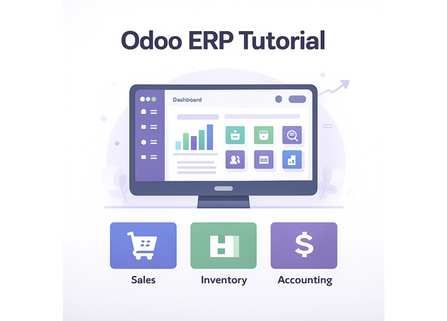 Odoo ERP basics tutorial infographic with Odoo apps, database, and custom module tile