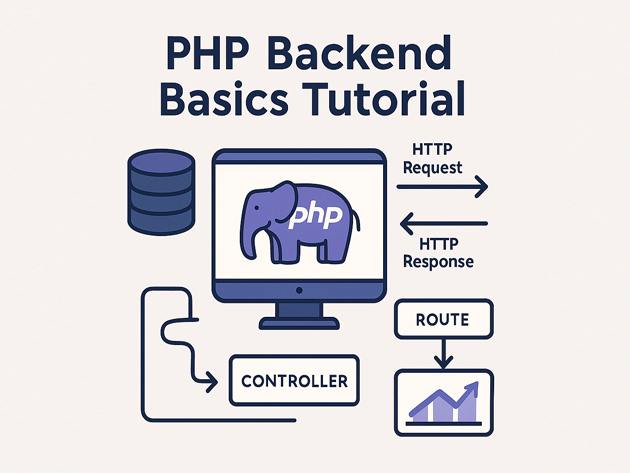 PHP backend basics tutorial hero graphic with PHP logo, API route diagram and database icon
