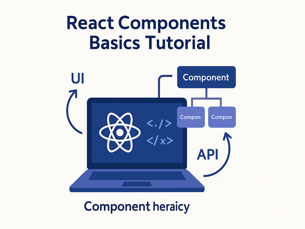 React components basics tutorial hero graphic with JSX code, component tree and dashboard UI tiles