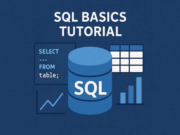 SQL basics tutorial hero graphic with SQL query window, database icon and result table